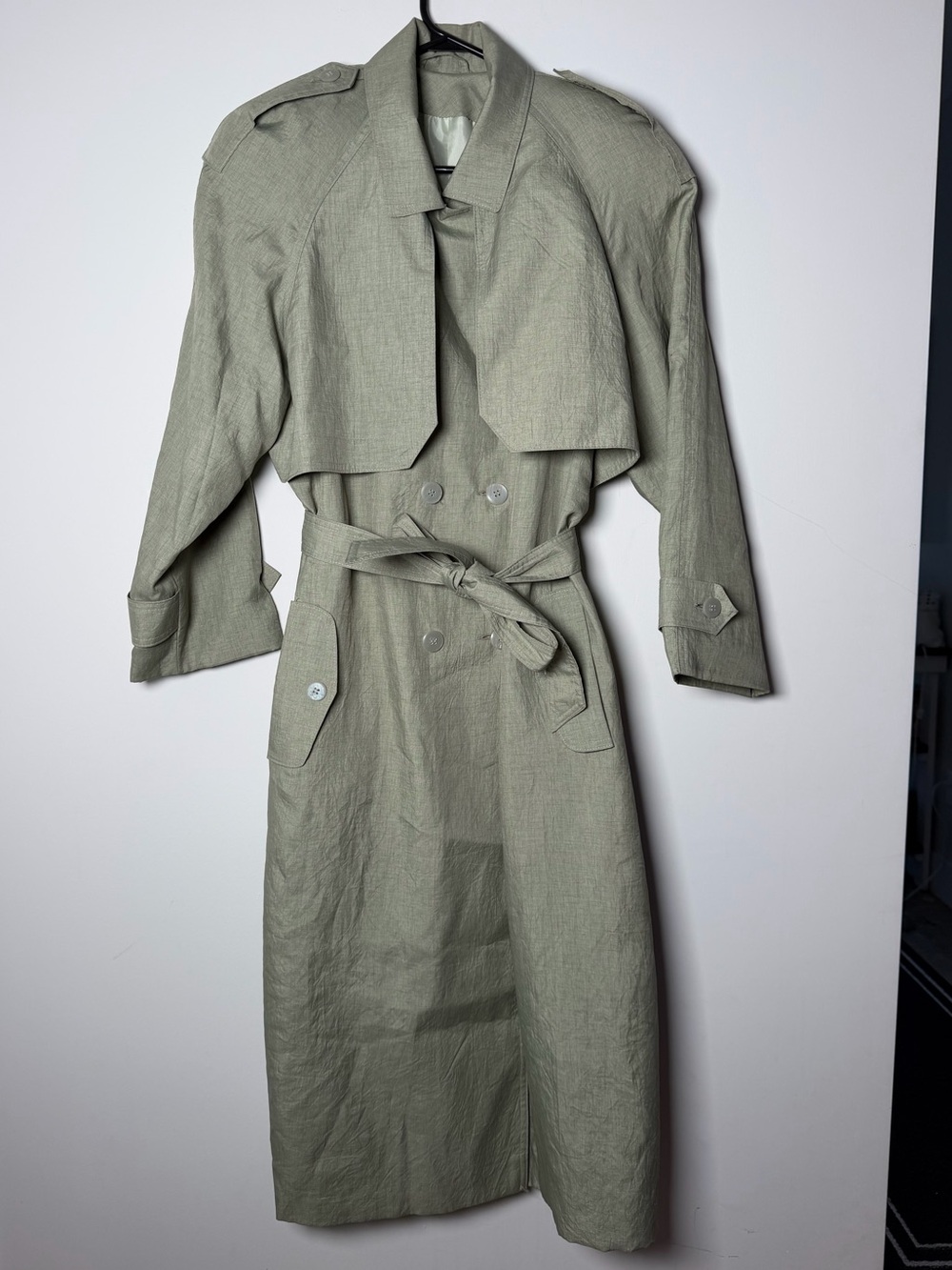 Vintage Light Olive Double-Breasted Trench Coat with Waist Tie 7/8 Womens
